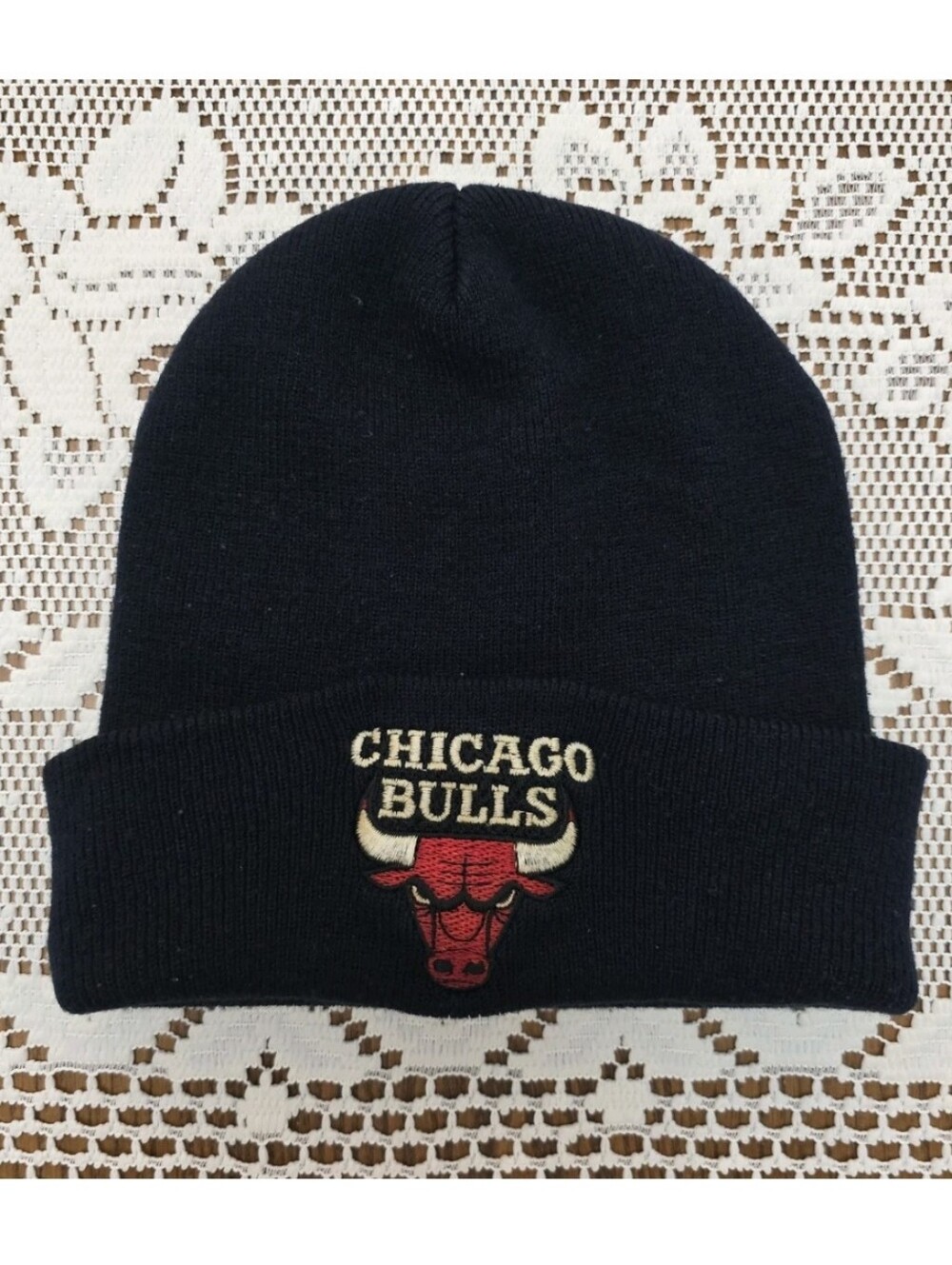 Vintage Chicago Bulls Knit Beanie Hat Black Logo 90s NBA Basketball
